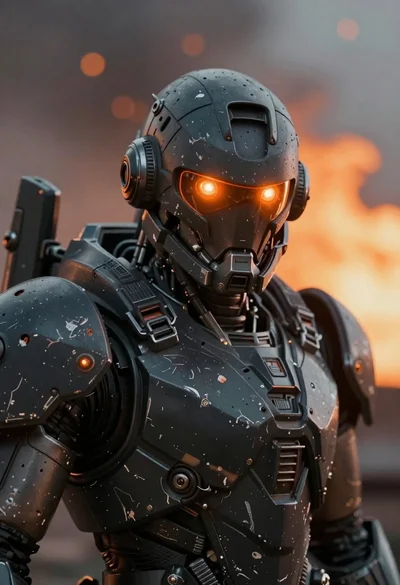 Close up of weathered mecha warrior in a battlefield setting