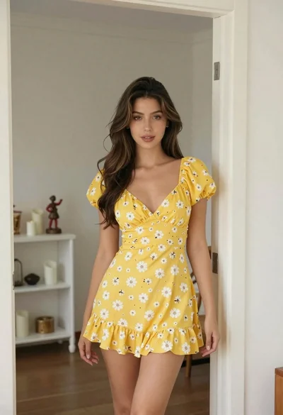 Young woman in yellow floral mini dress standing in doorway indoors