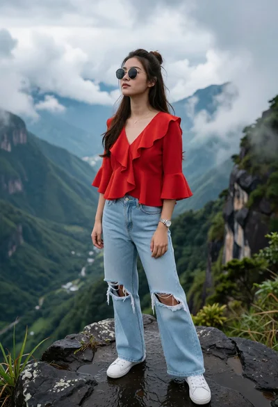 Young woman in red blouse on dark rock overlooking misty mountain valley