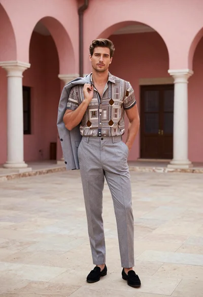 Handsome man in patterned shirt standing in pink arched courtyard
