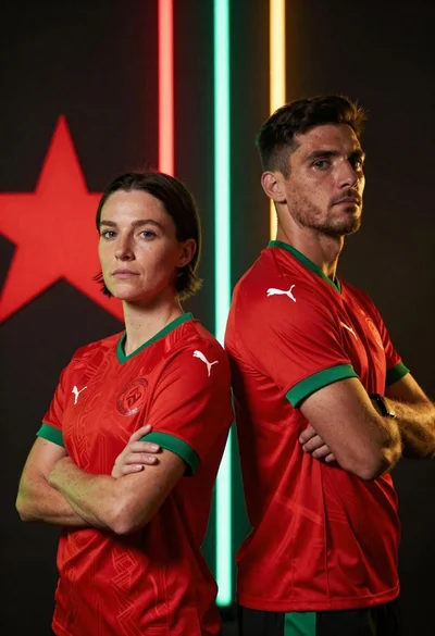 Two athletes in red jerseys stand back to back against a dark
