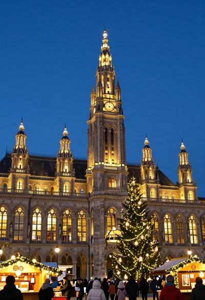 Majestic gothic revival city hall at twilight with glowing christmas market