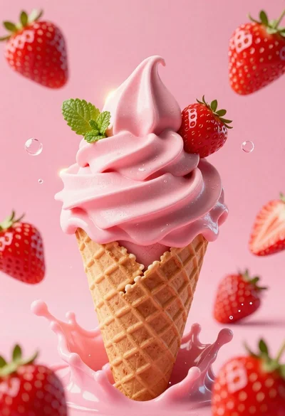 Hyper realistic 3d render of pink soft serve ice cream cone with