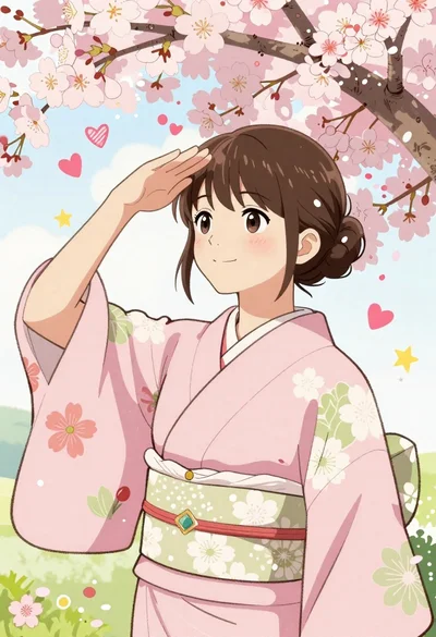 Young woman in pink kimono under cherry blossom branches shielding eyes