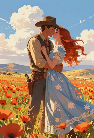 Cowboy and woman embracing in a poppy field