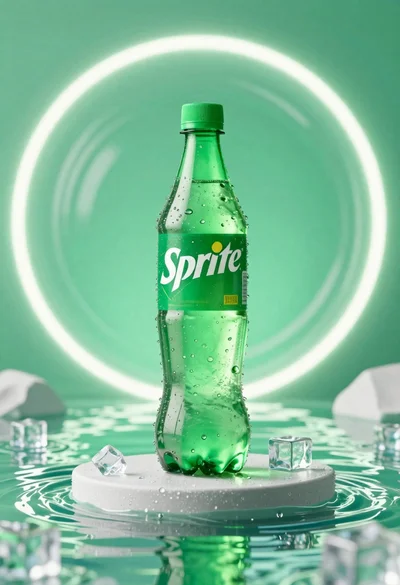 Refreshing green sprite bottle standing upright on pedestal surrounded by water and