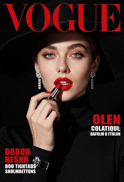 Fashion portrait of woman applying red lipstick wearing black hat and turtleneck