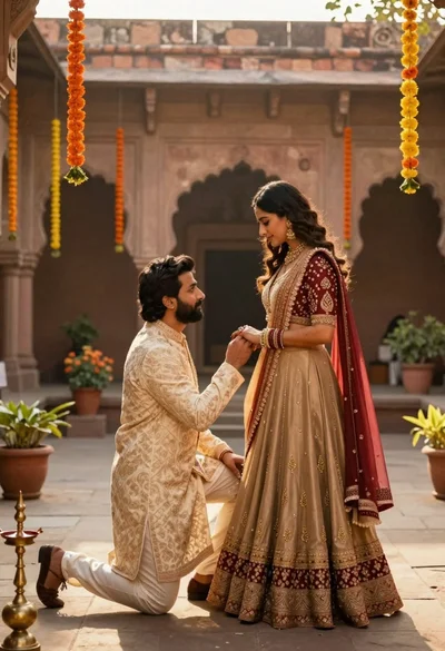 Couple in traditional indian attire sharing an intimate moment in courtyard