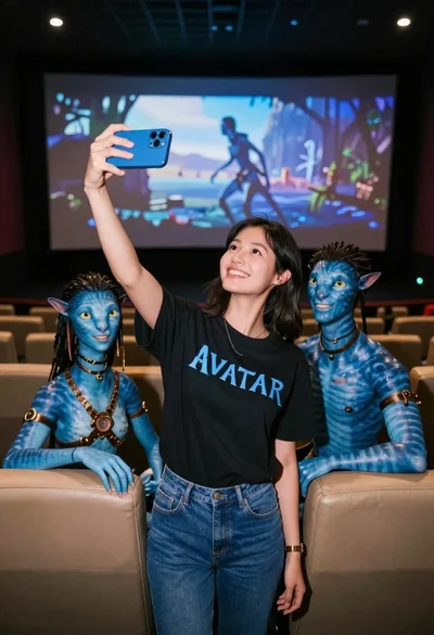 Young woman taking selfie with two blue skinned characters in movie theater