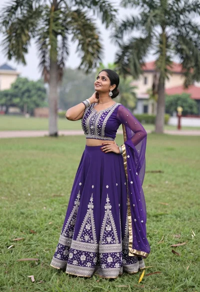 Woman in purple lehenga choli standing on lush green lawn outdoors