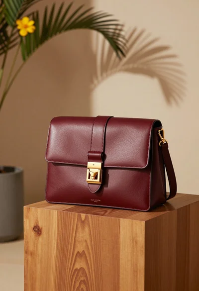 Rich burgundy leather handbag displayed on wooden pedestal in sunlit interior