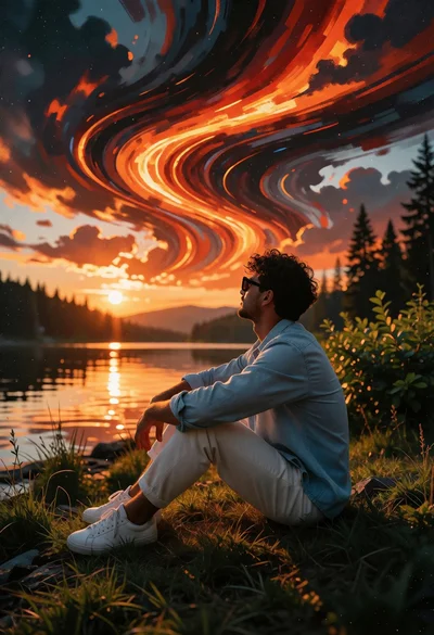 Man sitting by lake at surreal sunset with fiery orange and red