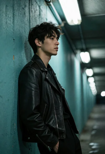 Young man in biker jacket leaning against teal concrete wall underpass