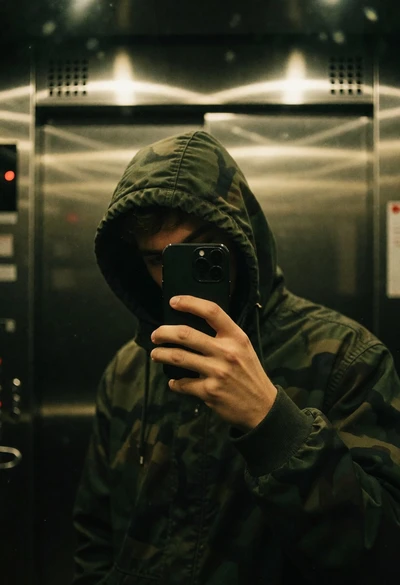 Hooded figure taking a mirror selfie inside an elevator with smartphone