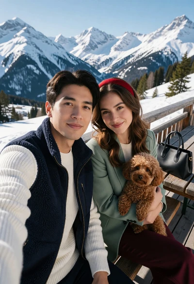 Couple selfie portrait on wooden bench overlooking snowy alpine mountains