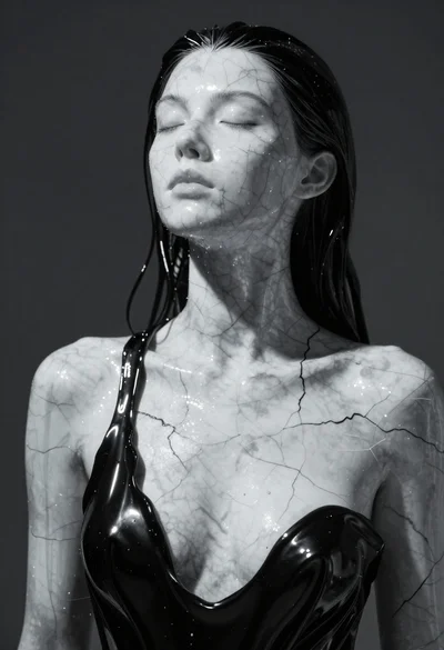Closeup portrait of woman with white marble skin and glossy black liquid