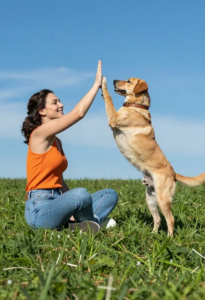 Woman in orange top highfives tan dog sitting on lush green grass