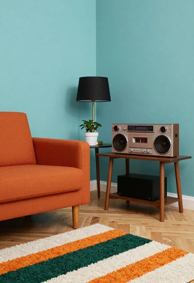 Midcentury modern living room corner interior design