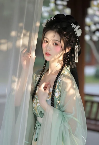 East asian woman in pale green hanfu robe near white blossoms
