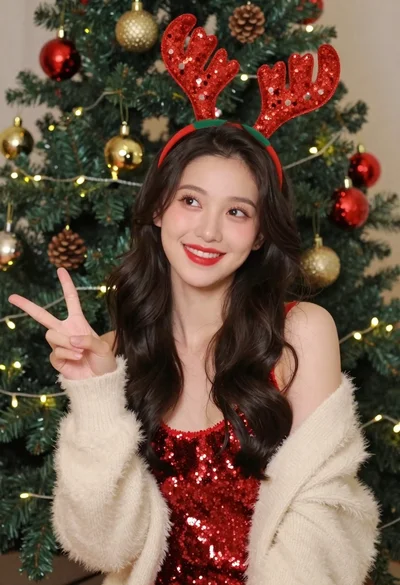 Cheerful young woman in sparkly red top posing by decorated christmas tree