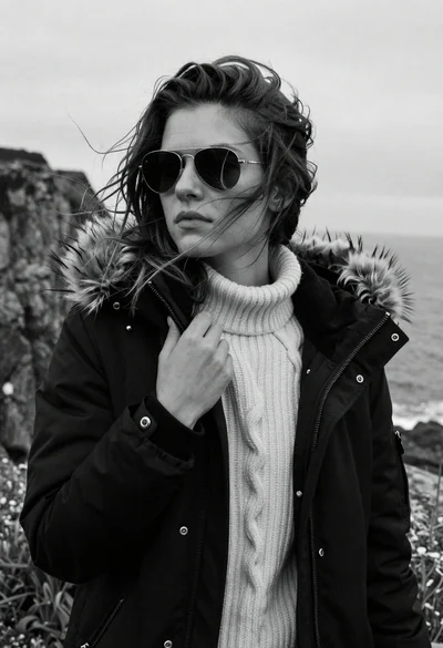 Young woman in black parka standing outdoors on a rocky coast