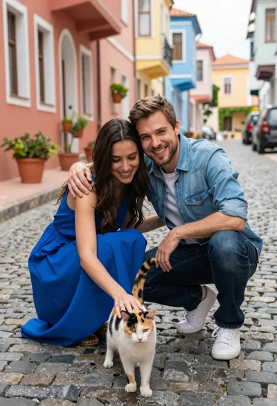 Romantic couple crouching with a calico cat on a cobblestone street