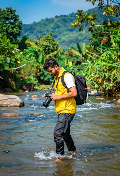Man walking through shallow river holding camera in lush green forest