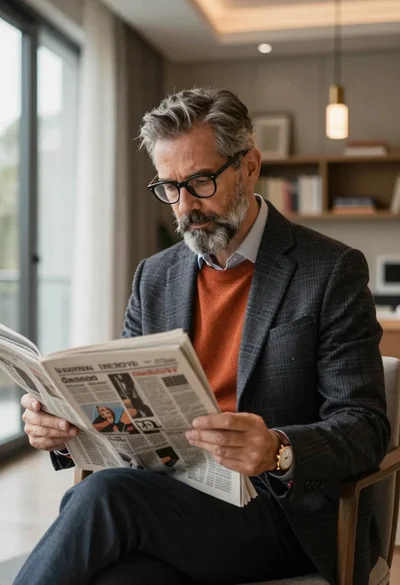 Middle aged man reading newspaper in upscale living room