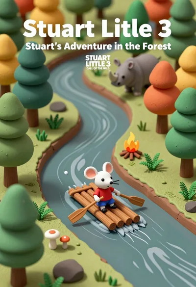 Miniature diorama of forest river scene with mouse on raft and rhino