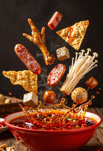 Spicy hot pot ingredients exploding from a red bowl in midair