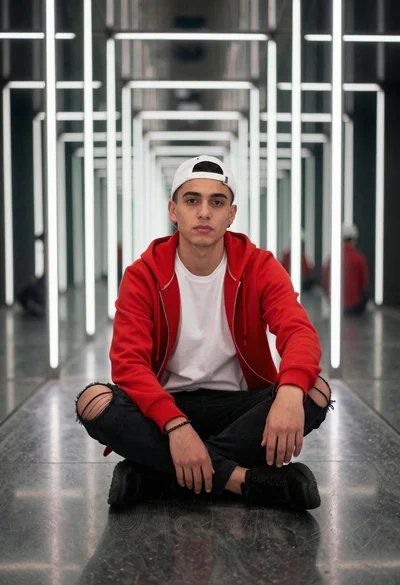 Young man in red hoodie in mirrored futuristic corridor