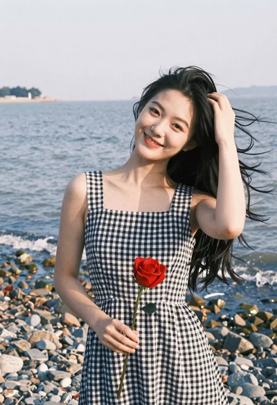 Smiling young woman in gingham dress holding red rose on pebbly beach