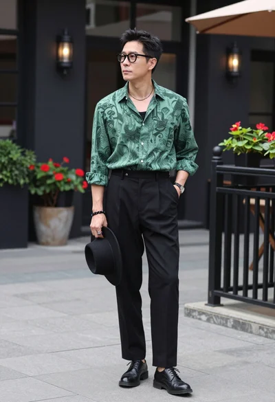 Stylish man standing on patio holding black hat with patterned shirt