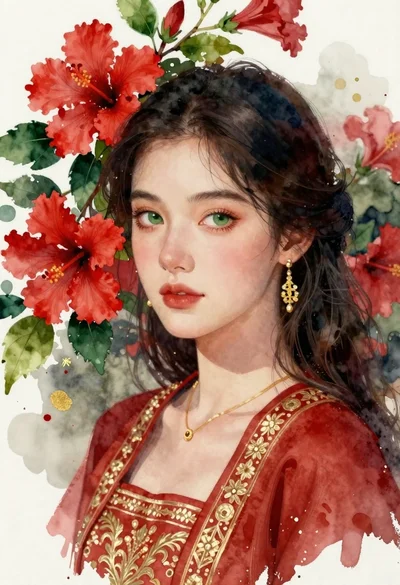 Portrait of young woman with dark hair and green eyes among hibiscus
