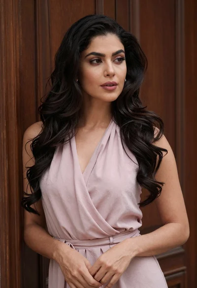Fair woman with dark wavy hair wearing pink halter top against wooden