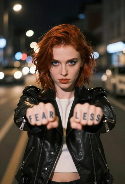 Young woman with red hair in black motorcycle jacket on city street