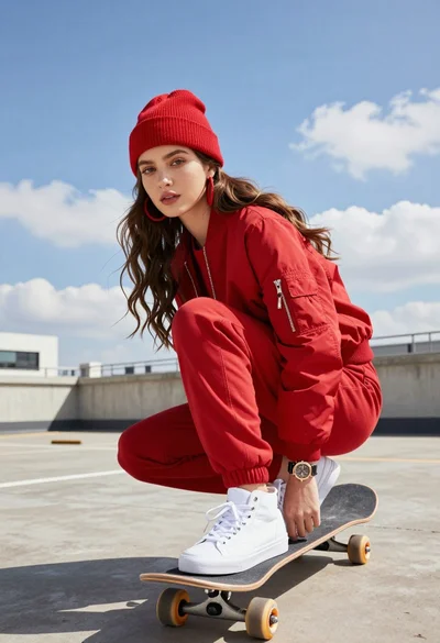 Young woman crouching on skateboard in urban setting under bright blue sky