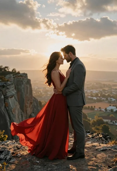 Romantic couple embracing on a rocky cliff at sunset with golden light