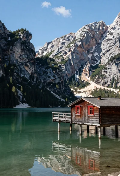 Rustic wooden cabin on stilts reflected in serene emerald mountain lake