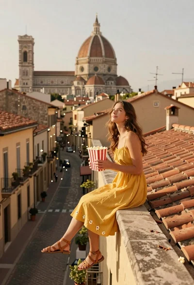 Young woman in yellow dress on historic rooftop overlooking cobblestone street