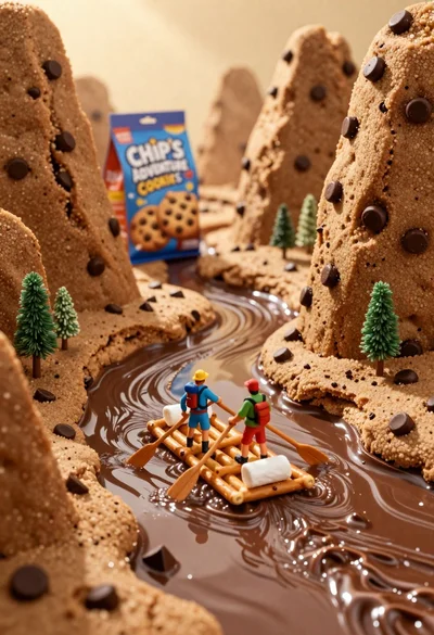 Tiny adventurers rowing a pretzel raft down a chocolate river between cookie