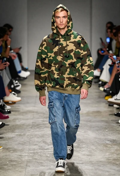 Male model walking down an indoor fashion runway