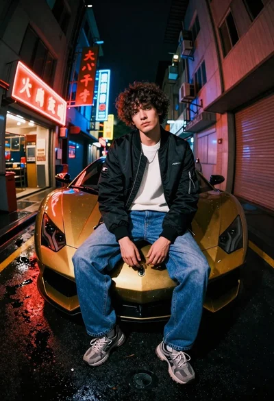 Young man sitting on gold sports car in wet neon alleyway