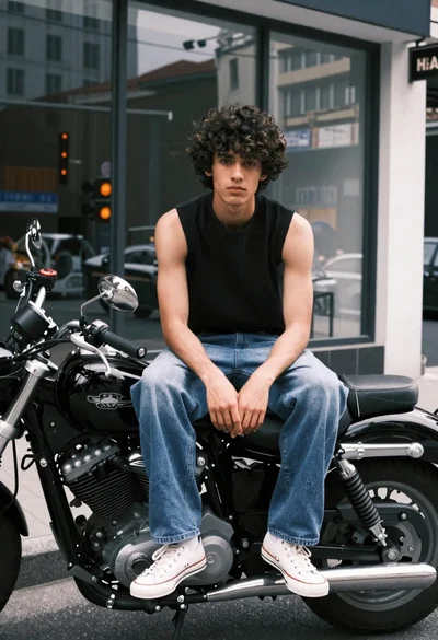 Young man on black motorcycle in front of city storefront windows