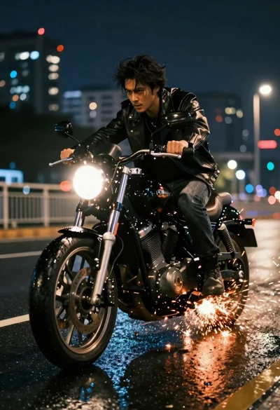 Man riding black motorcycle through wet city street at night