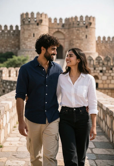 Couple walking on stone path before ancient fortress architecture at eye level