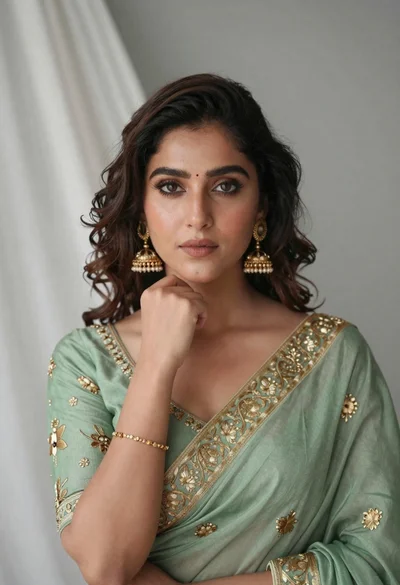 Portrait of young woman in sage green saree with gold embroidery