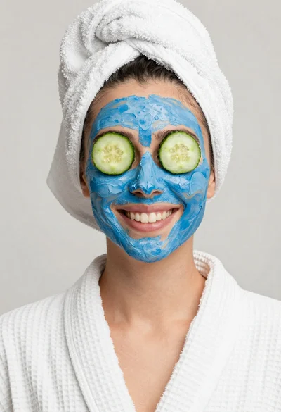 Smiling woman in white bathrobe with blue clay face mask and cucumber