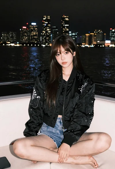 Young woman on boat seat at night overlooking blurred illuminated city skyline