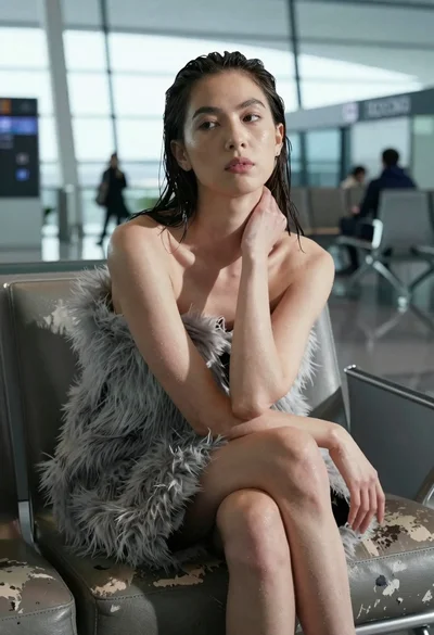 Woman with wet dark hair on leather sofa in modern lounge setting